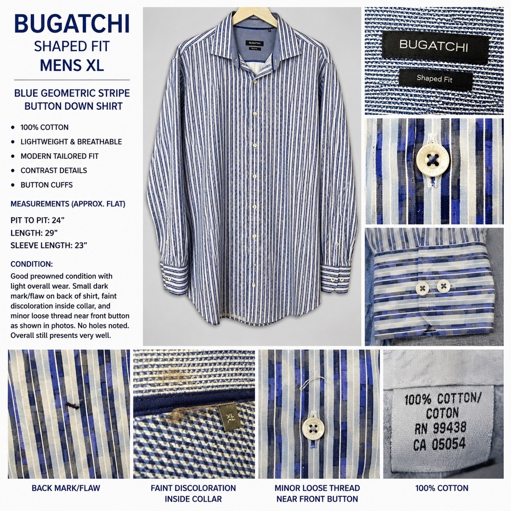 Bugatchi Shaped Fit Mens XL Blue Geometric Stripe Button Down Shirt Long Sleeve